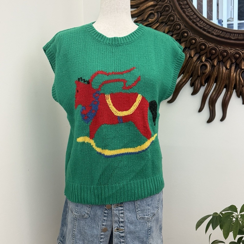 Vintage‎ 80s Rocking Horse Sweater Vest Ratio XL Green Novelty Knit Korea F/W
